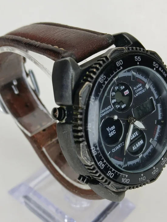 ​Vintage Mens Dual Display Quartz Alarm Chrono Watch Tachymeter Bezel Brown Band