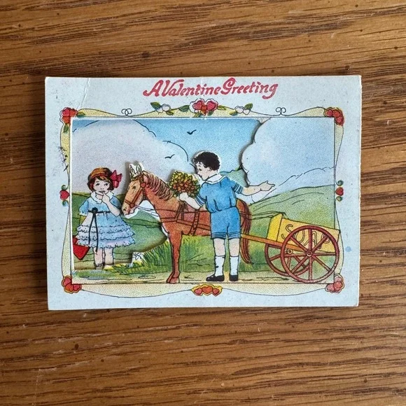 Vintage Valentine Greeting Cut Out Card Made in USA Children Horse‎ Cart