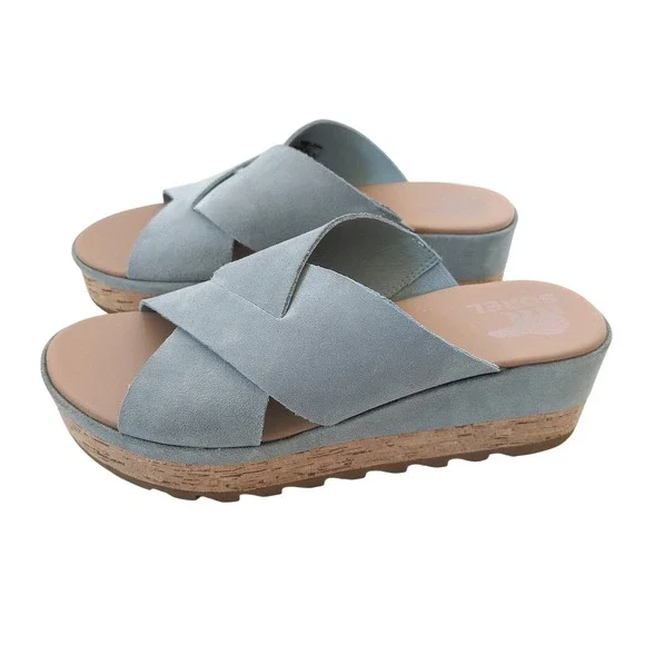 Sorel Cameron‎ Flatform Sandal Women 9.5 Blue Suede Cross Strap Platform NL4631