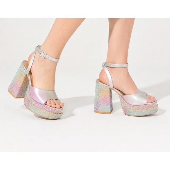 Torrid Rainbow Double Platform Heel Sandal 9 Pride Pastel Rhinestone Holographic