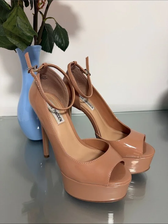 Steve Madden Blush Patent Platform Peep-Toe Heels with Ankle Strap