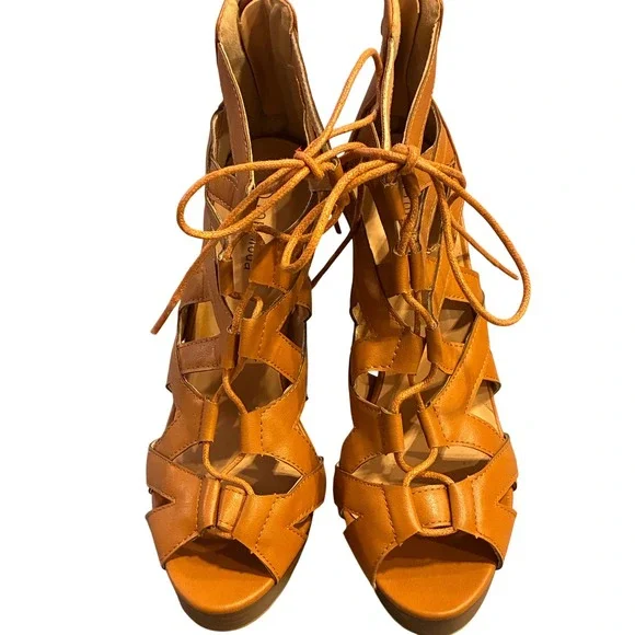 Top Moda Womens Gladiator Platform Sandals Lace Up Strappy Heels Tan Size 8
