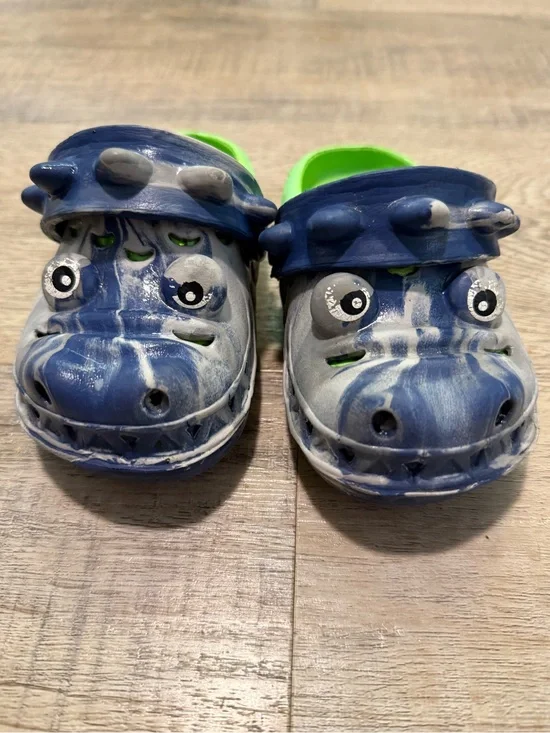 Kids Blue and Gray Dinosaur Clog Shoes - Slip-On - Size 6C