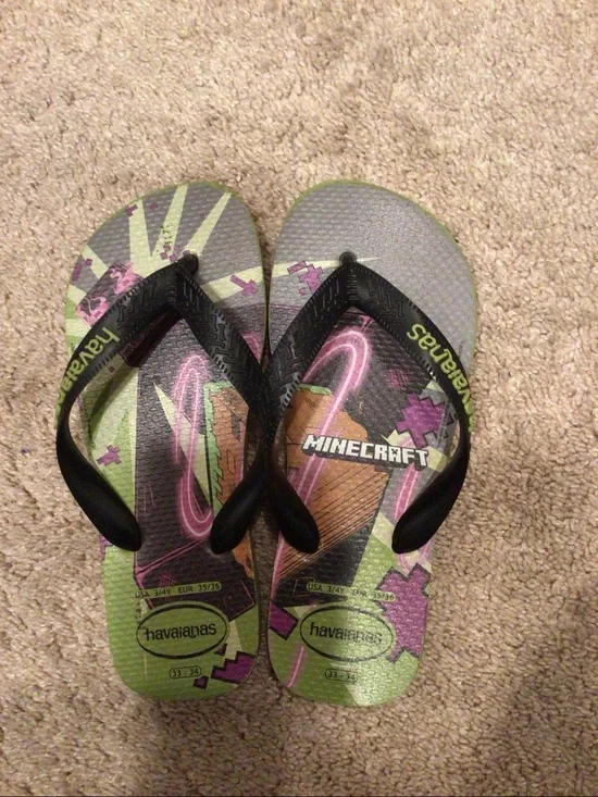 Havaianas Kids Minecraft Enderman Flip Flops Size 33 -34. Green Purple , Seconds