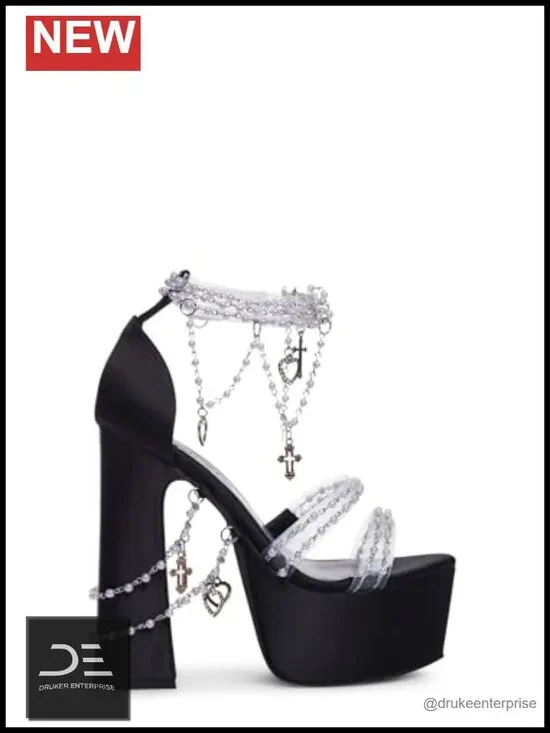 Satin Velvet Platform Heels with Pearl Beads & Adjustable Straps