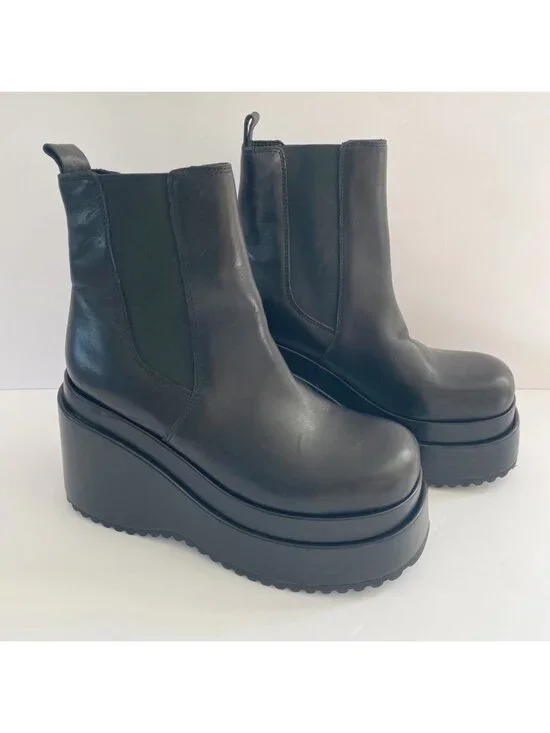 Steve Madden Jesse Platform Wedge Boots Shoes Black Leather