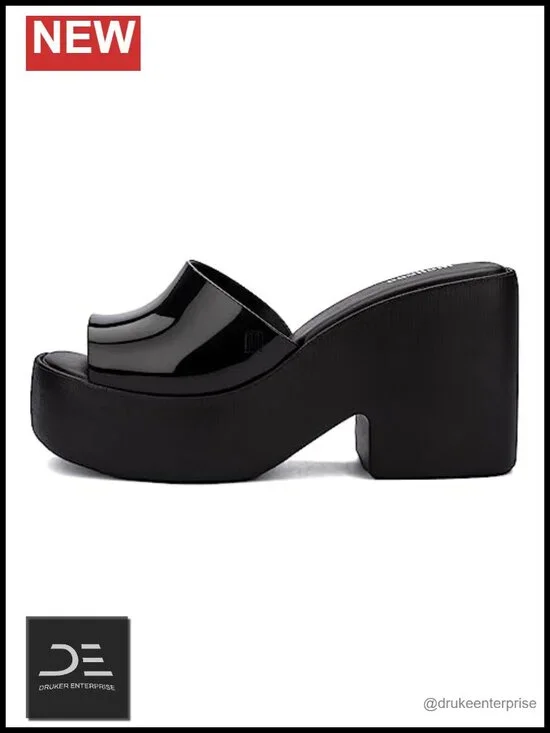 Platform Jelly Heels for Women, Slip-On Chunky Sandals, Vegan PVC EVA, Medium