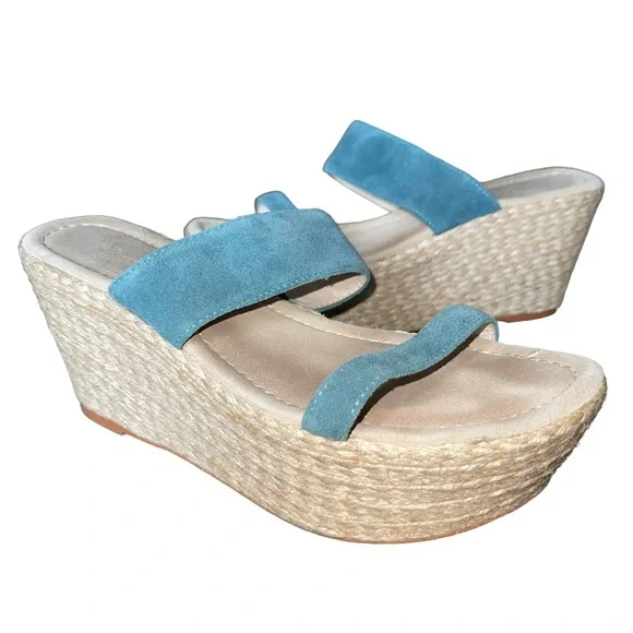 Elizabeth and James Blue Suede Wedge Espadrille Sandals Platform