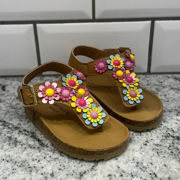 Rampage Toddler 5 Lil Zoey Sandals Tan Floral 3D Flower Cork Midsole Boho Summer