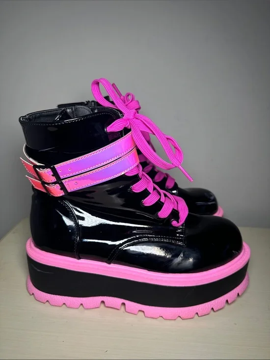 Demonia Slacker-52 Black Patent Platform Boot with Hot Pink Accents