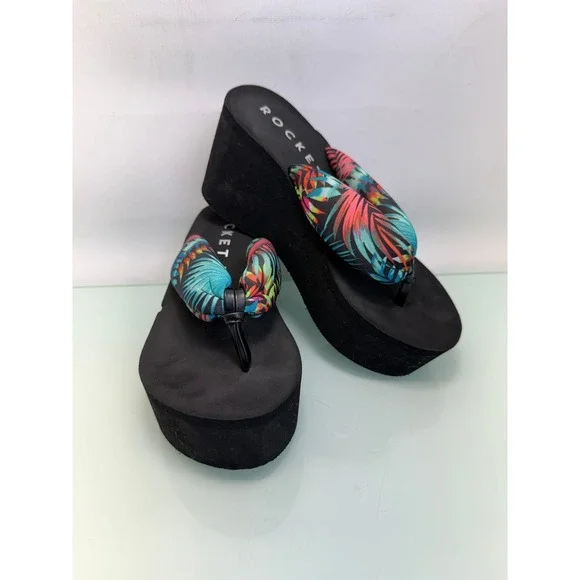 Rocket Dog Platform Flip Flop Sandals Women 6‎ Black Tropical Y2K Chunky Slides