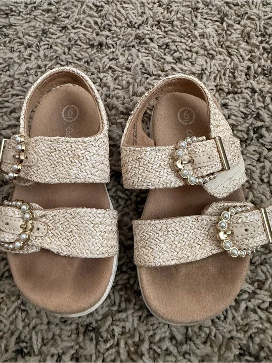 Cat & Jack Beige Woven Sandals with Pearl Buckles