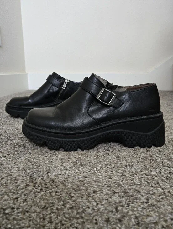 VTG Skechers Y2K Chunky Lug Sole Monk Strap Leather Loafers Women's 10 90s Goth