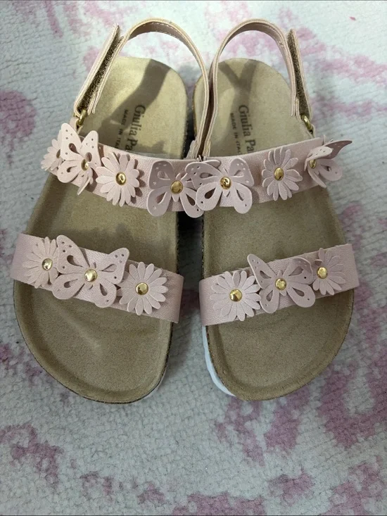 Girls Pink Butterfly & Flower Strap Sandals with Gold Accents
