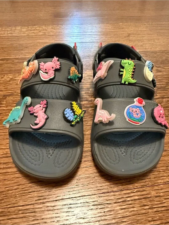 CROCS Kids Gray Slide Sandals with Colorful Dino Jibbitz