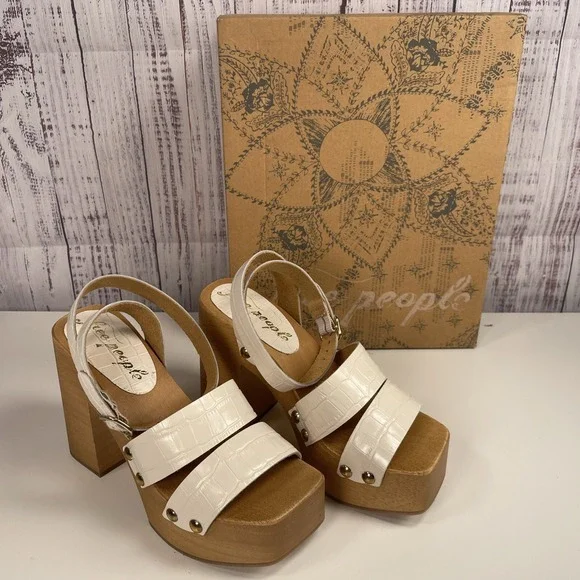 Free People Mallory Sandal Clog Croc Leather Wood Platform White  Sz 36 6