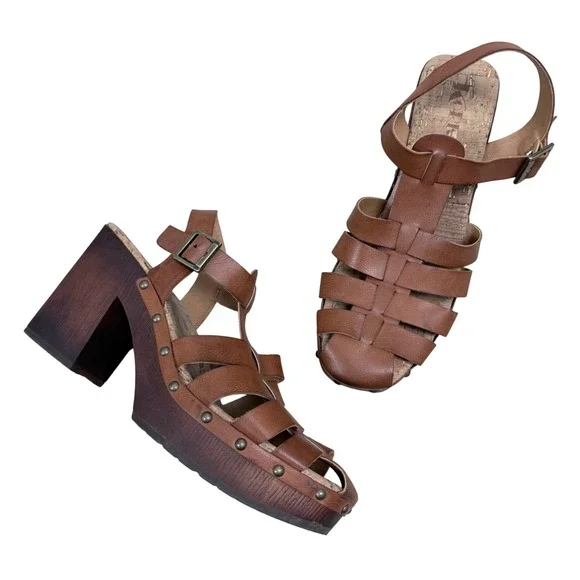 Korks Brown Gladiator Platform Sandals Wood Block Heel‎ Studded Strappy Clogs 10