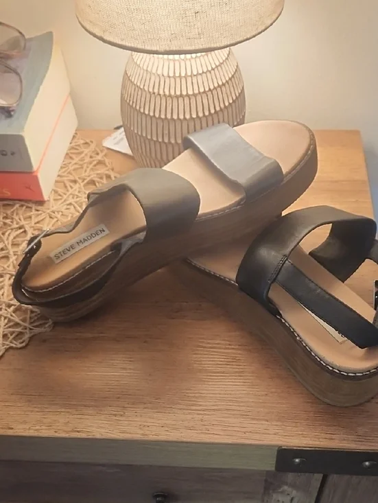 Steve‎ Madden Black Leather Platform Slide Sandals