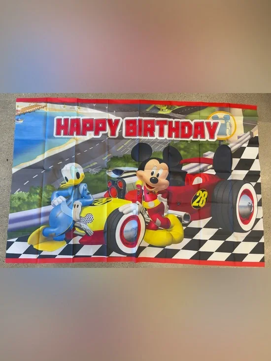 Disney Mickey Racing 'Happy Birthday' Banner with Red, Yellow, Blue Accents
