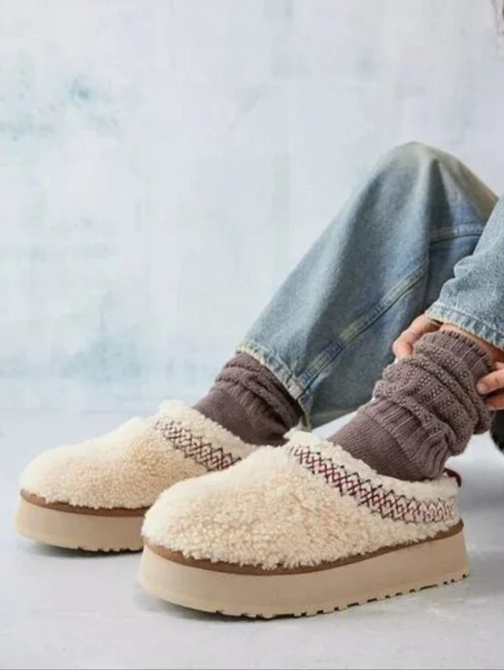 Tazz Ugg Heritage Braid Slippers Shearling Chunky Platform Shoes Clogs Natural