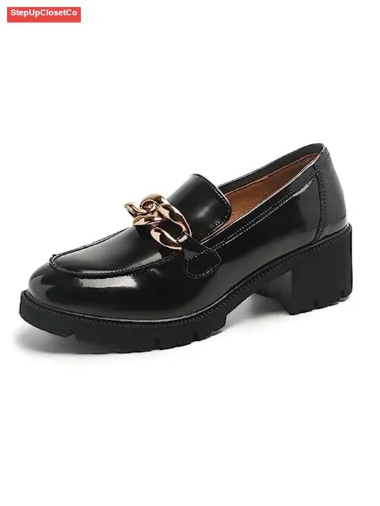Chunky Platform Loafers Women Comfort Slip-on Faux Leather with Chain