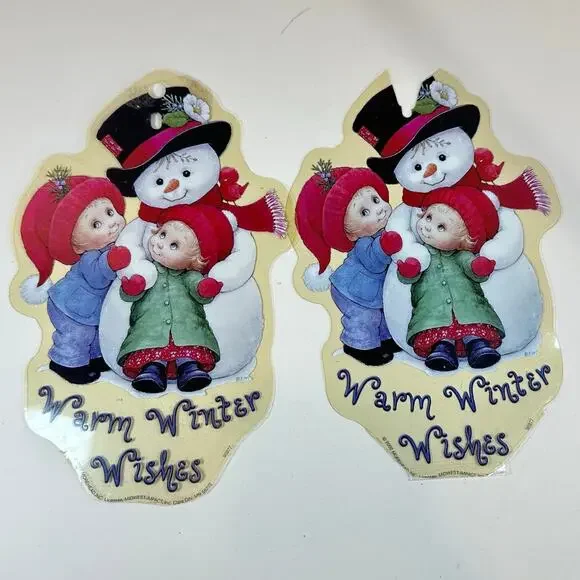 Lot of 2 Vintage Christmas Window Clings 2002 Ruth Morehead Warm Winter Wishes