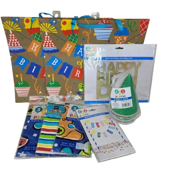 321‎ Party Birthday Supplies Bundle Tablecloths Cake Topper Hats Gift Bags Set