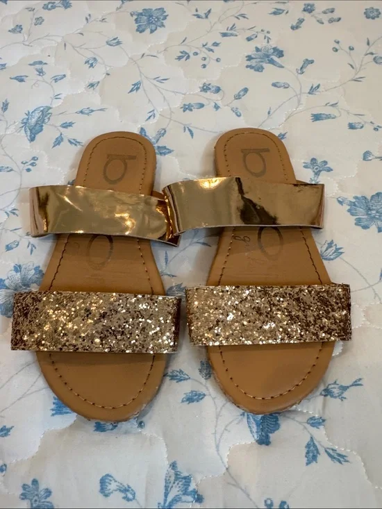 bebe Gold Glitter & Metallic Slide Sandals