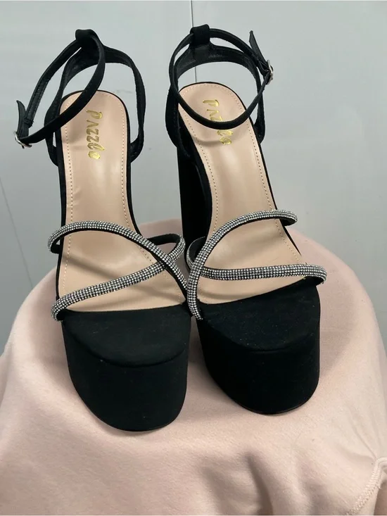 Black Platform Ankle-Strap Heels with Rhinestone Straps