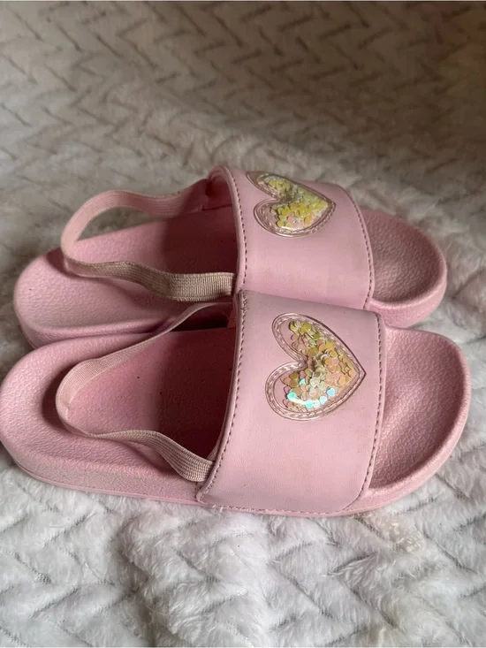 Kids Pink Sequin Heart Slide Sandals