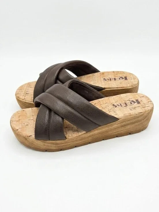 Kork Ease Faithe Brown Leather Platform‎ Sandals Slide On Womens Size 8M New