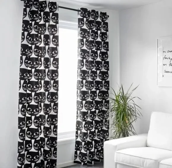 IKEA Mattram black cat set of 2 curtain panels 57x98 and long pillow catlady fun
