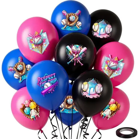 30 Pcs 10 In Ice Cream Drip Baseball Balloons Dark Pink Blue Black Sport Party