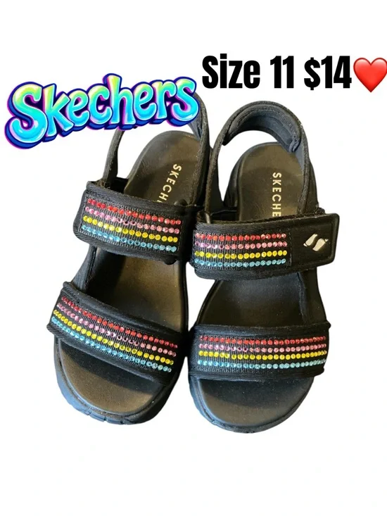 Skechers Kids Black Sandals with Rainbow Beaded Straps like a new