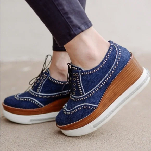 Miu Miu RARE DENIM PLATFORM Studded Wingtip Oxfords SNEAKERS  SHOES 7.5