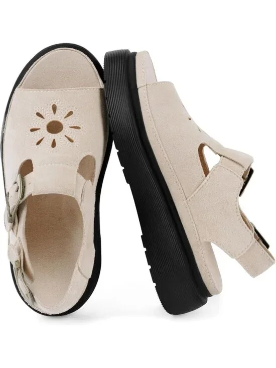 Women's Beige Flat Open Toe Flower Decoration Fisherman Platform Sandal Shoes
