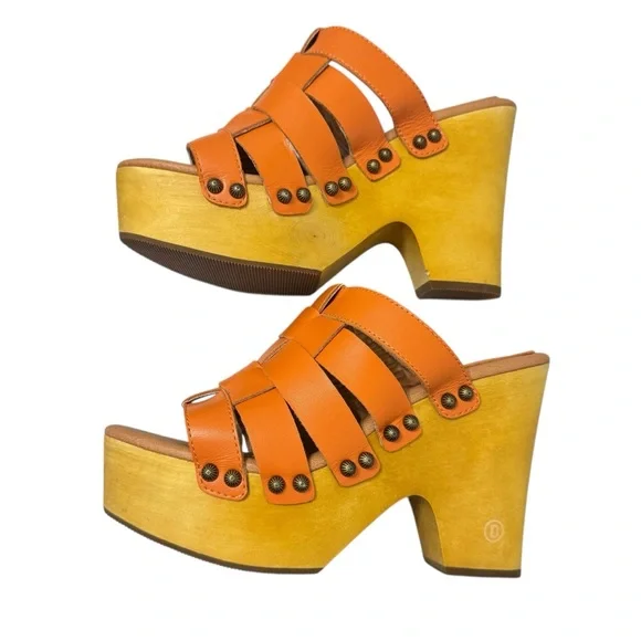 DINGO Women Dagwood‎ Leather Platform Heel Sandal Clogs Boho Orange Sz 8.5