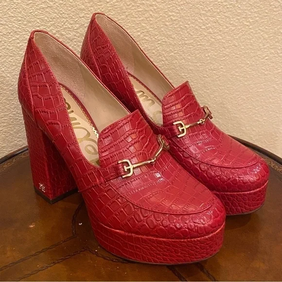 SAM EDELMAN Women Red Leather Aretha Bit Platform Loafer Pumps Size 6