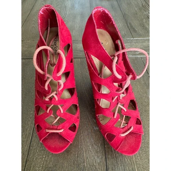 Charlotte Russe Red Lace Up Cutout Platform Heels Women Size 8 Peep Toe 3228