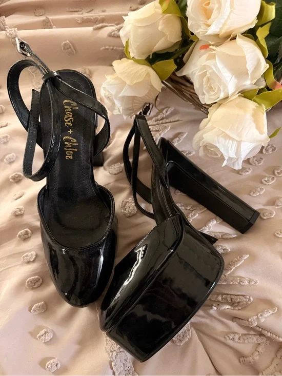 Chase + Chloe Black Patent Platform Block Heel Sandals