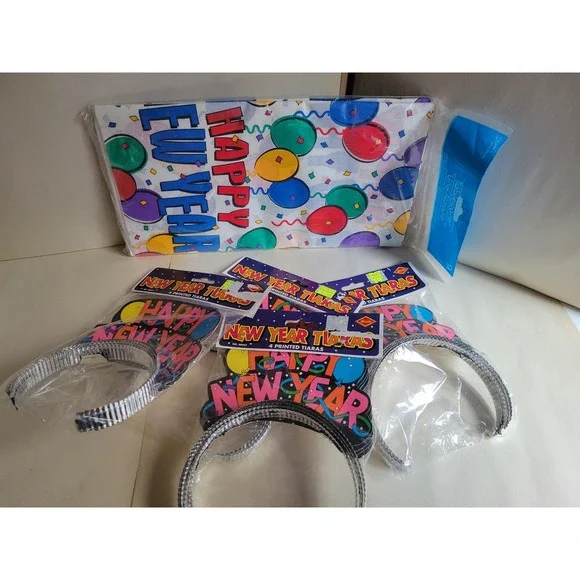 *RARE* Vintage New Year Party Supplies Amscan Tablecover Tiaras 13pc Set 80s 90s