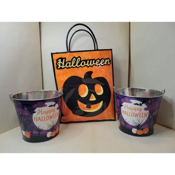 VNT Target Halloween Trick or Treat Bundle Glossy Vinyl Tote Bag & 2 Metal Pails