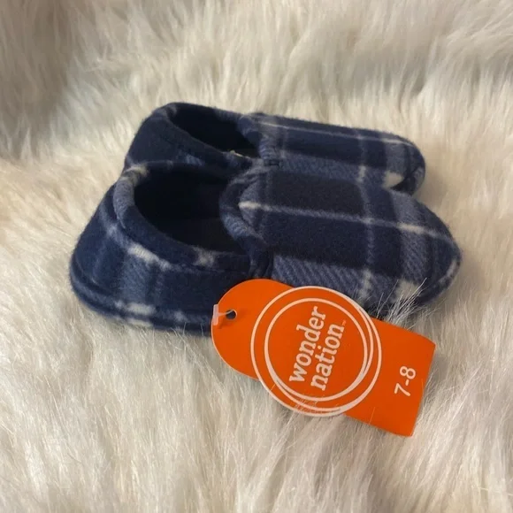 Wonder Nation Slippers Boys Size 7-8 Blue Plaid Slip‎ On Shoes NEW