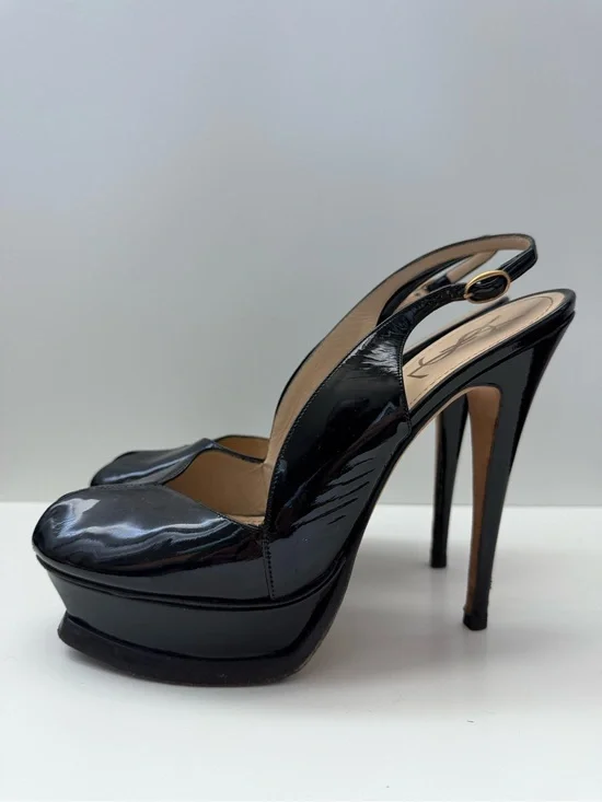Yves Saint Laurent Black Patent Platform Slingback Pumps