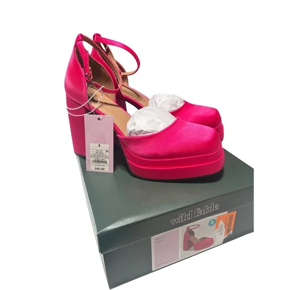 Wild Fable Bianca Hot Pink Satin Platform Heels Square Toe Ankle Strap Womens 8
