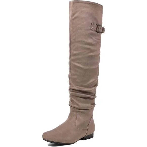 Women's Khaki Suede Over The Knee Thigh High Winter Low Heel Western Boots