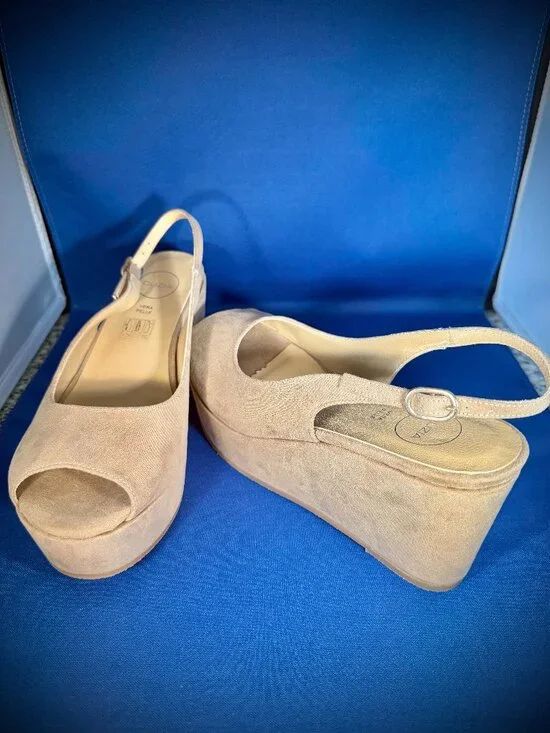 clizia beige suede peep toe wedge platform shoes