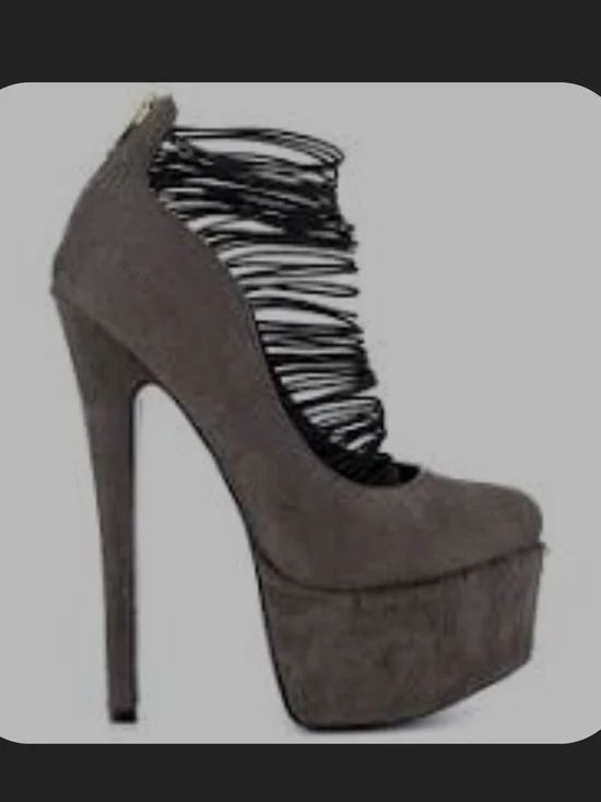 London Trash Gray Suede Platform Stiletto with Strappy Cage