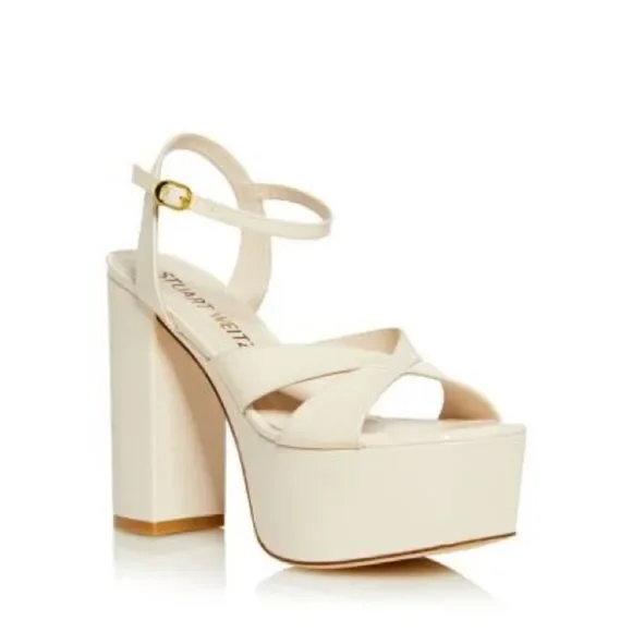 Stuart Weitzman Miami Square Toe Ivory Patent Leather Platform Sandals