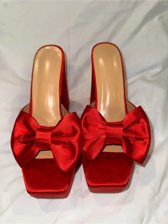 SHEIN Red Satin Bow Platform Slide Heels